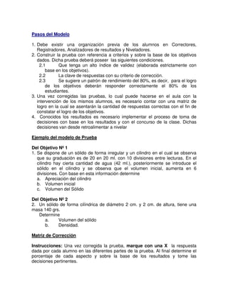 Pasos del Modelo
1. Debe existir una organización previa de los alumnos en Correctores,
Registradores, Analizadores de resultados y Niveladores.
2. Construir la prueba con referencia a criterios y sobre la base de los objetivos
dados. Dicha prueba deberá poseer las siguientes condiciones.
2.1
Que tenga un alto índice de validez (elaborada estrictamente con
base en los objetivos).
2.2
La clave de respuestas con su criterio de corrección.
2.3
Se sugiere un patrón de rendimiento del 80%, es decir, para el logro
de los objetivos deberán responder correctamente el 80% de los
estudiantes.
3. Una vez corregidas las pruebas, lo cual puede hacerse en el aula con la
intervención de los mismos alumnos, es necesario contar con una matriz de
logro en la cual se asentarán la cantidad de respuestas correctas con el fin de
constatar el logro de los objetivos.
4. Conocidos los resultados es necesario implementar el proceso de toma de
decisiones con base en los resultados y con el concurso de la clase. Dichas
decisiones van desde retroalimentar a nivelar
Ejemplo del modelo de Prueba
Del Objetivo Nº 1
1. Se dispone de un sólido de forma irregular y un cilindro en el cual se observa
que su graduación es de 20 en 20 ml. con 10 divisiones entre lecturas. En el
cilindro hay cierta cantidad de agua (42 ml.), posteriormente se introduce el
sólido en el cilindro y se observa que el volumen inicial, aumenta en 6
divisiones. Con base en esta información determine
a. Apreciación del cilindro
b. Volumen inicial
c. Volumen del Sólido
Del Objetivo Nº 2
2. Un sólido de forma cilíndrica de diámetro 2 cm. y 2 cm. de altura, tiene una
masa 140 grs.
Determine
a.
Volumen del sólido
b.
Densidad.
Matriz de Corrección
Instrucciones: Una vez corregida la prueba, marque con una X la respuesta
dada por cada alumno en las diferentes partes de la prueba. Al final determine el
porcentaje de cada aspecto y sobre la base de los resultados y tome las
decisiones pertinentes.

 