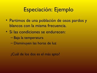 Especiación: Ejemplo Partimos de una población de osos pardos y blancos con la misma frecuencia. Si las condiciones se endurecen: Baja la temperatura Disminuyen las horas de luz ¿Cuál de los dos es el más apto? 