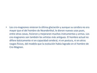 Los cro-magnones vivieron la última glaciación y aunque su cerebro no era mayor que el del hombre de Neanderthal, le dieron nuevos usos pues, entre otras cosas, hicieron y mejoraron muchos instrumentos y armas. Los cro-magnones son también los artistas más antiguos. El hombre actual no difiere básicamente ni en capacidad cerebral, ni en postura, ni en otros rasgos físicos, del modelo que la evolución había logrado en el hombre de Cro-Magnon. 