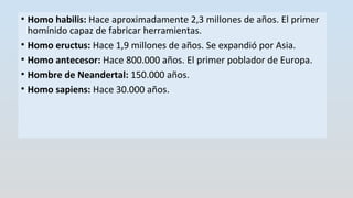 • Homo habilis: Hace aproximadamente 2,3 millones de años. El primer
homínido capaz de fabricar herramientas.
• Homo eructus: Hace 1,9 millones de años. Se expandió por Asia.
• Homo antecesor: Hace 800.000 años. El primer poblador de Europa.
• Hombre de Neandertal: 150.000 años.
• Homo sapiens: Hace 30.000 años.
 