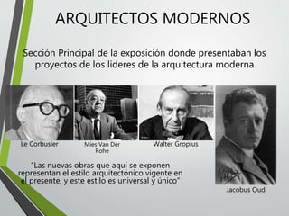 ARQUITECTOS MODERNOS
Sección Principal de la exposición donde presentaban los
proyectos de los lideres de la arquitectura moderna
Le Corbusier Mies Van Der
Rohe
Walter Gropius
Jacobus Oud
“Las nuevas obras que aquí se exponen
representan el estilo arquitectónico vigente en
el presente, y este estilo es universal y único”
 