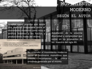 No entender el movimiento moderno
como el fenómeno monolítico que
intento recomponer la critica
ortodoxa generada por el mismo.
Aceptar como premisa que existe
una dualidad inseparable entre el
movimiento moderno como mito o
artificio histórico y los hechos y
producciones reales del mismo.
Aceptación de la enorme
diversidad y complejidad que
existe en las propuestas de
los maestro del siglo XX.
OBJETIVOS DEL MOVIMIENTO
MODERNO
SEGÚN EL AUTOR
 