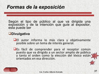 Lic. Carlos Alberto Estrada ,[object Object],[object Object],[object Object],[object Object],Formas de la exposición 