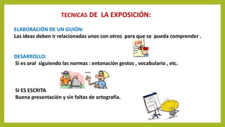 TECNICAS DE LA EXPOSICIÓN:
ELABORACIÓN DE UN GUIÓN:
Las ideas deben ir relacionadas unos con otros para que se pueda comprender .
DESARROLLO:
Si es oral siguiendo las normas : entonación gestos , vocabulario , etc.
SI ES ESCRITA
Buena presentación y sin faltas de ortografía.
 