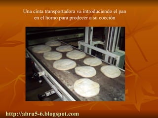 http://abru5-6.blogspot.com Una cinta transportadora va introduciendo el pan en el horno para prodecer a su cocción 