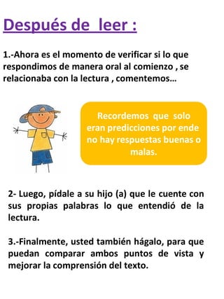 Después de leer :
1.-Ahora es el momento de verificar si lo que
respondimos de manera oral al comienzo , se
relacionaba con la lectura , comentemos…
2- Luego, pídale a su hijo (a) que le cuente con
sus propias palabras lo que entendió de la
lectura.
3.-Finalmente, usted también hágalo, para que
puedan comparar ambos puntos de vista y
mejorar la comprensión del texto.
Recordemos que solo
eran predicciones por ende
no hay respuestas buenas o
malas.
 