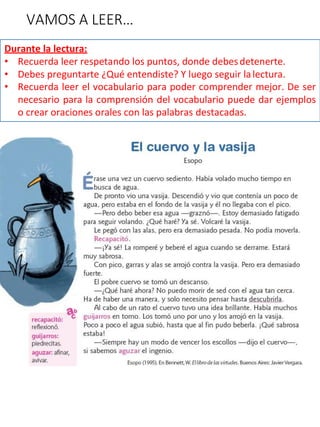 VAMOS A LEER…
Durante la lectura:
• Recuerda leer respetando los puntos, donde debesdetenerte.
• Debes preguntarte ¿Qué en...