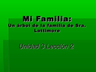 Mi Familia:Mi Familia:
Un árbol de la familia de Sra.Un árbol de la familia de Sra.
LattimoreLattimore
Unidad 3 Lección 2Unidad 3 Lección 2
 