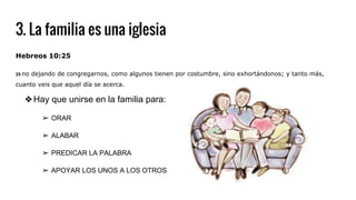 3. La familia es una iglesia
Hebreos 10:25
25 no dejando de congregarnos, como algunos tienen por costumbre, sino exhortándonos; y tanto más,
cuanto veis que aquel día se acerca.
❖Hay que unirse en la familia para:
➢ ORAR
➢ ALABAR
➢ PREDICAR LA PALABRA
➢ APOYAR LOS UNOS A LOS OTROS
 