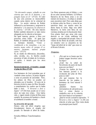 Estudios Bíblicos Transformadores
52
“No derraméis sangre; echadlo en esta
cisterna que está en el desierto, y no
pongáis mano en él.” (37:22) El valor
de una sola persona es inconcebible
cuando actúa dentro de la voluntad de
Dios. La acción valerosa de Rubén
influenció a sus hermanos y aceptaron la
alternativa “y le tomaron y le echaron en
la cisterna.” (37:24) De ésta manera
Rubén también demostró su lado tierno
abogando por la vida de su hermano.
De igual manera, gracias a Dios por
personas cómo Judea. Al igual que
Rubén, él también aboga por la vida de
su hermano diciendo, “Venid, y
vendámosle a los ismaelitas, y no sea
nuestra mano sobre él; porque él es
nuestro hermano, nuestra propia
carne.” (37:27)
Sí, en medio de diferencias, discordias,
odio, envidia, etc., la familia puede
encontrar el lado olvidado de la ternura,
el cariño, é interés por los otros
miembros.
Inconscientemente, el hombre cumple
el plan de Dios (37:28)
Los hermanos de José pensaban que al
venderlo cómo esclavo, él jamás llegaría
a estar en posición de autoridad. Pero,
los planes de Dios no pueden ser
alterados por el hombre. El resto de la
historia revela la mano de Dios llevando
a cumplimiento los sueños que le había
dado a José. “Y llevaron a José a
Egipto” (37:28) bien puede ser el verso
clave de todo éste relato. Este había
sido, y siguió siendo el plan de Dios para
cumplir Su promesa de bendecir a Jacob
al cambiarle el nombre a Israel.
La atracción del pecado
Hemos oído del árbol singular, que
forzadamente ilustra el engaño del
pecado. Es llamado el árbol de Judas.
Las flores aparecen ante el follaje, y son
de un color carmesí brillante. La belleza
llamativa de las flores atrae a un sin
número de insectos; y la abeja es atraída
para encontrar miel. Pero cada abeja que
se detiene sobre las flores y come de un
narcótico fatal, cae muerta entre las
flores hasta la tierra. Bajo este árbol
llamativo, la tierra está llena de sus
víctimas atraídas por la fascinación fatal.
Esta planta fatal que atrae sólo para
destruir es un vívido emblema del
engaño y mortandad del pecado. Para el
veneno de las flores de pecado, sólo hay
un remedio: éste se encuentra en las
“hojas del árbol de la vida” que crece en
el Monte Calvario.
Preguntas:
1. ¿Por qué no es bueno que los
padres tengan favoritos entre
los hijos?
2. ¿Cuál fue la señal de
favoritismo de parte de Jacob
para con sus hijos?
3. ¿Fueron los sueños de José
una fantasía juvenil o la
revelación del plan de Dios
para su vida?
4. ¿En qué maneras fue la
reacción de los padres y
hermanos de José natural é
humana?
5. ¿Quiénes fueron los
instrumentos de salvación para
José y cómo ilustra o
simboliza esto en la relación
de Cristo hacia el ser humano?
6. ¿Qué le revela a usted la expresión, “Y
llevaron a José a Egipto” (v.28) con
relación al plan que Dios tenía desde
un principio para Jacob?
 