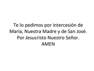 Te lo pedimos por intercesión de María, Nuestra Madre y de San José. Por Jesucristo Nuestro Señor. AMEN 