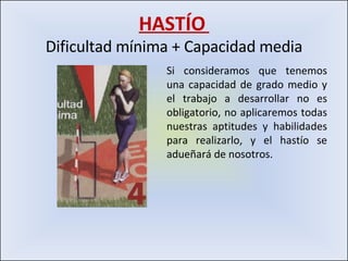 HASTÍO  Dificultad mínima + Capacidad media Si consideramos que tenemos una capacidad de grado medio y el trabajo a desarrollar no es obligatorio, no aplicaremos todas nuestras aptitudes y habilidades para realizarlo, y el hastío se adueñará de nosotros. 