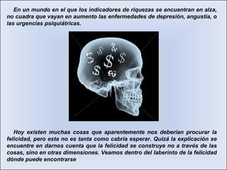 En un mundo en el que los indicadores de riquezas se encuentran en alza, no cuadra que vayan en aumento las enfermedades de depresión, angustia, o las urgencias psiquiátricas. Hoy existen muchas cosas que aparentemente nos deberían procurar la felicidad, pero esta no es tanta como cabría esperar. Quizá la explicación se encuentre en darnos cuenta que la felicidad se construye no a través de las cosas, sino en otras dimensiones. Veamos dentro del laberinto de la felicidad dónde puede encontrarse 