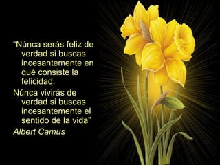 “ Núnca serás feliz de verdad si buscas incesantemente en qué consiste la felicidad. Núnca vivirás de verdad si buscas incesantemente el sentido de la vida” Albert Camus 