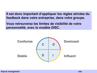 Il est donc important d’appliquer les règles strictes du feedback dans votre entreprise, dans votre groupe. Vous retrouverez les limites de visibilité de votre personnalité, avec le modèle DISC. D I S C Dominant Influent Stable Conforme Keyros management  site: www.keyros.net 