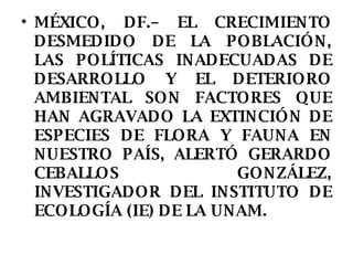 MÉXICO, DF.– EL CRECIMIENTO DESMEDIDO DE LA POBLACIÓN, LAS POLÍTICAS INADECUADAS DE DESARROLLO Y EL DETERIORO AMBIENTAL SON FACTORES QUE HAN AGRAVADO LA EXTINCIÓN DE ESPECIES DE FLORA Y FAUNA EN NUESTRO PAÍS, ALERTÓ GERARDO CEBALLOS GONZÁLEZ, INVESTIGADOR DEL INSTITUTO DE ECOLOGÍA (IE) DE LA UNAM. 