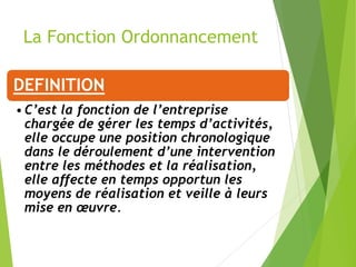 La Fonction Ordonnancement
DEFINITION
•C’est la fonction de l’entreprise
chargée de gérer les temps d’activités,
elle occupe une position chronologique
dans le déroulement d’une intervention
entre les méthodes et la réalisation,
elle affecte en temps opportun les
moyens de réalisation et veille à leurs
mise en œuvre.
 