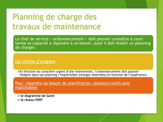 Planning de charge des
travaux de maintenance
Le chef de service « ordonnancement » doit pouvoir connaître à court
terme sa capacité à répondre à un besoin ,aussi il doit établir un planning
de charges
Les ordres d’urgence :
•En fonction du caractère urgent d’une intervention, l’ordonnancement doit pouvoir
intégrer dans son planning l’imprévisible (charges réservées) en fonction de l’expérience.
Pour répondre au besoin de planification ,plusieurs outils sont
exploitables
•-le diagramme de Gantt
•-le réseau PERT
 