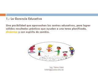 1.- La Gerencia Educativa   Una posibilidad que aprovechan los centros educativos, para lograr sólidos resultados prácticos que ayudan a una tarea planificada,  dinámica  y con espíritu de cambio.  Ing. Telmo Viteri [email_address] 