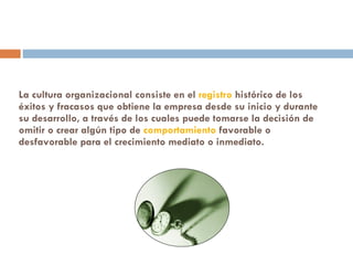 La cultura organizacional consiste en el  registro  histórico de los éxitos y fracasos que obtiene la empresa desde su inicio y durante su desarrollo, a través de los cuales puede tomarse la decisión de omitir o crear algún tipo de  comportamiento  favorable o desfavorable para el crecimiento mediato o inmediato.  