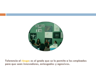 Tolerancia al  riesgo : es el grado que se le permite a los empleados para que sean innovadores, arriesgados y agresivos.  