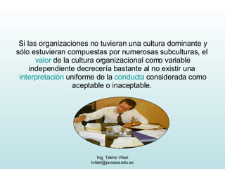 Si las organizaciones no tuvieran una cultura dominante y sólo estuvieran compuestas por numerosas subculturas, el  valor  de la cultura organizacional como variable independiente decrecería bastante al no existir una  interpretación  uniforme de la  conducta  considerada como aceptable o inaceptable.  