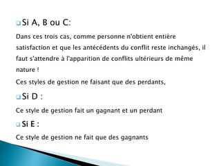  Si A, B ou C:
Dans ces trois cas, comme personne n'obtient entière
satisfaction et que les antécédents du conflit reste inchangés, il
faut s'attendre à l'apparition de conflits ultérieurs de même
nature !
Ces styles de gestion ne faisant que des perdants,
 Si D :
Ce style de gestion fait un gagnant et un perdant
 Si E :
Ce style de gestion ne fait que des gagnants
 