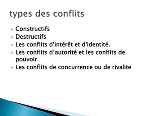  Constructifs
 Destructifs
 Les conflits d'intérêt et d'identité.
 Les conflits d’autorité et les conflits de
pouvoir
 Les conflits de concurrence ou de rivalite
 
