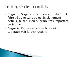  Degré 3 : S'agiter se surmener, vouloir tout
faire très vite sans objectifs clairement
définis, se sentir ou se croire très important
ou inutile.
 Degré 4 : Entrer dans la violence et le
sabotage voir la destruction.
 