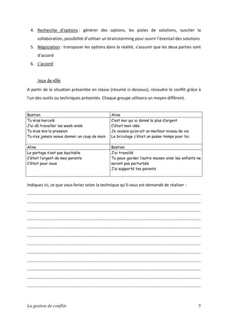 4. Recherche d’options : générer des options, les pistes de solutions, susciter la
collaboration, possibilité d’utiliser un brainstorming pour ouvrir l’éventail des solutions
5. Négociation : transposer les options dans la réalité, s’assurer que les deux parties sont
d’accord
6. L’accord
Jeux de rôle
A partir de la situation présentée en classe (résumé ci-dessous), résoudre le conflit grâce à
l’un des outils ou techniques présentés. Chaque groupe utilisera un moyen différent.

Bastien
Tu m’as harcelé
J’ai dû travailler les week-ends
Tu m’as mis la pression
Tu n’es jamais venue donner un coup de main

Aline
C’est moi qui ai donné le plus d’argent
C’était mon idée
Je voulais qu’on ait un meilleur niveau de vie
Le bricolage c’était un passe-temps pour toi.

Aline
Le partage n’est pas équitable
C’était l’argent de mes parents
C’était pour nous

Bastien
J’ai travaillé
Tu peux garder l’autre maison ainsi les enfants ne
seront pas perturbés
J’ai supporté tes parents

Indiquez ici, ce que vous feriez selon la technique qu’il vous est demandé de réaliser :
………………………………………………………………………………………………………………………………………………..
………………………………………………………………………………………………………………………………………………..
………………………………………………………………………………………………………………………………………………..
………………………………………………………………………………………………………………………………………………..
………………………………………………………………………………………………………………………………………………..
………………………………………………………………………………………………………………………………………………..
………………………………………………………………………………………………………………………………………………..
………………………………………………………………………………………………………………………………………………..
………………………………………………………………………………………………………………………………………………..
………………………………………………………………………………………………………………………………………………..
………………………………………………………………………………………………………………………………………………..
………………………………………………………………………………………………………………………………………………..

La gestion de conflits

5

 