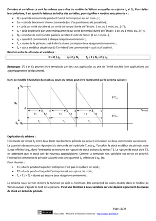 Page 15/24
Réseau CRCF - Ministère de l'Éducation nationale - http://crcf.ac-grenoble.fr
Données et variables- ce sont les mêmes que celles du modèle de Wilson auxquelles on rajoute cp et Sp. Pour éviter
les confusions, il est ajouté la lettre p en indice des variables, pour signifier « modèle avec pénurie » :
 Q = quantité consommée pendant l’unité de temps (un an, un mois…) ;
 Ca = coût de lancement d’une commande (ou d’acquisition ou de passation) ;
 s = coût par unité stockée et par unité de temps (durée de l’étude : 1 an, ou 1 mois, ou…) (*) ;
 cp = coût de pénurie par unité manquante et par unité de temps (durée de l’étude : 1 an, ou 1 mois, ou…) (*) ;
 Np = nombre de commandes passées pendant l’unité de temps (1 an, 1 mois…) ;
 qp = quantité commandée à chaque réapprovisionnement ;
 Tp = durée de la période c’est-à-dire la durée qui sépare deux réapprovisionnements ;
 Sp = stock en début de période (à l’arrivée d’une commande) = stock actif optimal.
Relation entre les données et variables :
N = Q / qp q = Q / Np Tp = 1 / Np = Q / qp
Remarque : (*) s et Cp peuvent être remplacés par des taux applicables au prix de l’unité stockée (voir applications qui
accompagneront ce document).
Dans ce modèle l’évolution du stock au cours du temps peut-être représenté par le schéma suivant :
Explication du schéma :
L’intervalle de temps Tp entre deux traits représente la période qui sépare la livraison de deux commandes successives.
La quantité nécessaire pour répondre à la demande de la période Tp est qp. Toutefois le stock en début de période, noté
Sp est inférieur à qp, donc l’entreprise se retrouve en rupture de stock au bout du temps T1. La rupture de stock dure T2,
en attendant que le stock soit de nouveau approvisionné. Comme la demande non satisfaite est servie en priorité,
l’entreprise commence la période suivante avec une quantité Sp inférieure à qp. Etc.
Pour résumer :
 T1 = durée pendant laquelle l’entreprise n’est pas en rupture de stock ;
 T2 = durée pendant laquelle l’entreprise est en rupture de stock ;
 Tp = T1 + T2 = durée qui sépare deux réapprovisionnements.
Le schéma nous permet d’écrire la fonction de coût à minimiser. Elle comprend les coûts étudiés dans le modèle de
Wilson auquel s’ajoute le coût de la pénurie. C’est une fonction à deux variables car elle dépend également du niveau
de stock en début de période.
qp
Temps
T1 T2 T1 T2 T1 T2
ETC,,,
ETC,,,
0
Sp - qp
Tp Tp Tp
Sp
 