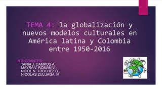 TEMA 4: la globalización y
nuevos modelos culturales en
América latina y Colombia
entre 1950-2016
INTEGRANTES:
- TANIA J. CAMPOS A.
- MAYRA V. ROMAN V.
- NICOL N. TROCHEZ C.
- NICOLAS ZULUAGA. M
 