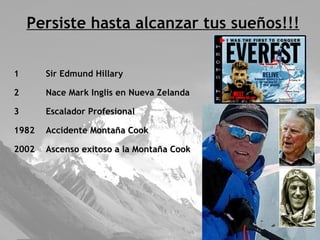 Persiste hasta alcanzar tus sueños!!! Sir Edmund Hillary Nace Mark Inglis en Nueva Zelanda Escalador Profesional 1982  Accidente Montaña Cook 2002  Ascenso exitoso a la Montaña Cook 