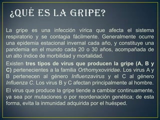 La gripe es una infección vírica que afecta el sistema
respiratorio y se contagia fácilmente. Generalmente ocurre
una epidemia estacional invernal cada año, y constituye una
pandemia en el mundo cada 20 o 30 años, acompañada de
un alto índice de morbilidad y mortalidad.
Existen tres tipos de virus que producen la gripe (A, B y
C) pertenecientes a la familia Orthomyxoviridae. Los virus A y
B pertenecen al género Influenzavirus y el C al género
Influenza C. Los virus B y C afectan principalmente al hombre.
El virus que produce la gripe tiende a cambiar continuamente,
ya sea por mutaciones o por reordenación genética; de esta
forma, evita la inmunidad adquirida por el huésped.
 