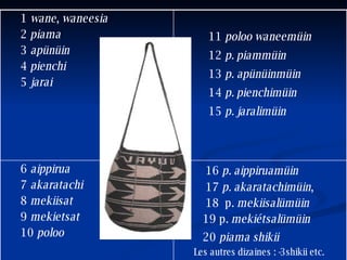 16  p. aippiruamüin   17  p. akaratachimüin ,  18  p.  mekiisalümüin 19 p.  mekiétsalümüin 20  piama shikii   Les autres dizaines : -3shikii etc. 6  aippirua   7  akaratachi   8  mekiisat   9  mekietsat 10  poloo 11   poloo waneemüin   12  p. piammüin   13  p. apünüinmüin   14  p. pienchimüin   15  p. jaralimüin   1  wane ,  waneesia   2  piama   3  apünüin   4  pienchi   5  jarai   