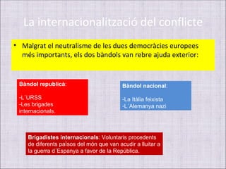 La internacionalització del conflicte
• Malgrat el neutralisme de les dues democràcies europees
  més importants, els dos bàndols van rebre ajuda exterior:


 Bàndol republicà:                        Bàndol nacional:

 -L´URSS                                  -La Itàlia feixista
 -Les brigades                            -L´Alemanya nazi
 internacionals.



    Brigadistes internacionals: Voluntaris procedents
    de diferents països del món que van acudir a lluitar a
    la guerra d´Espanya a favor de la República.
 