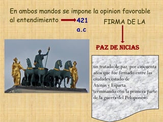 En ambos mandos se impone la opinion favorable al entendimiento PAZ DE NICIAS FIRMA DE LA 421 a.c un tratado de paz  por cincuenta años que fue firmado entre las  ciudades estado de Atenas y Esparta terminando con la primera parte de la guerra del Peloponeso 