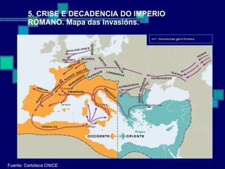 5. CRISE E DECADENCIA DO IMPERIO ROMANO. Mapa das invasións. Fuente: Cartoteca CNICE 
