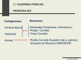 1.1 GUERRAS PÚNICAS. PERSONAJES Cartagineses: Amílcar Barca Asdrúbal Aníbal Romanos: (Generales Escipiones –hermanos-) Publio  Cornelio Cneo Cornelio Publio Cornelio Escipión (hijo y sobrino) (Escipión el Africano) VENCEDOR Isaac Buzo Sánchez 