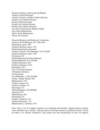 Situación religiosa Aproximada del Mundo
América, Norte Protestante
América, Central y Antillas Católica Romana
América, Sur Católica Romana
Europa, Norte Protestante
Europa, Sur Católica Romana
Europa, Este Católica Ortodoxa
Asia, Este Confucionista, Budista, Hindú
Asia, Oeste Mahometana
África, Norte Mahometana
África, Sur Animista

Situación Religiosa del Mundo por Continentes
América, Norte Habitantes 191, 760,1100
Protestantes, aprox. 50%
Católicos Romanos aprox. 25%
Predominantemente protestante
América, Central y Sur Habitantes 138, 422,000
Católicos Romanos, aprox. 65%
Protestantes 5%
Predominantemente Católica Romana
Europa Habitantes 573, 203,000
Católicos Romanos 40%
Católicos Ortodoxos 22%
Protestantes 22%
Casi 1/2 Católica Romana
1/4 Católica Ortodoxa
1/4 Protestante
Asia Habitantes 1, 288, 625,000
Confuc., Hindú. Budista 70%
Mahometanos 15%
Católicos griegos 2%
Católicos romanos 1%
Protestantes 1%
África Habitantes 198, 000,000
Animistas 57%
Mahometanos 36%
Protestantes 2%
Católicos Ortodoxos 2%
Católicos Romanos 1.5%
Mahometanos y Animistas 15%

Estas cifras y las de la página siguiente son solamente aproximadas. Algunas iglesias cuentan
como miembros aun a infantes. Algunas iglesias de Estado cuentan a la población entera. Varían
las tablas y los cálculos estadísticos. Unos países han sido incorporados en otros. En algunos
 