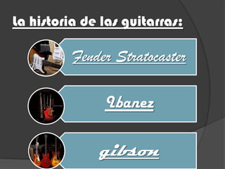 La historia de las guitarras:

          Fender Stratocaster

               Ibanez

              gibson
 