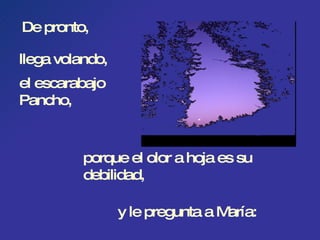y le pregunta a María: llega volando,  el escarabajo Pancho,  porque el olor a hoja es su debilidad, De pronto, 