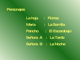 Personajes  La hoja  :  Florisa María  :  La Semilla Pancho  :  El Escarabajo Señora  A  :  La Tarde Señora  B  :  La Noche  