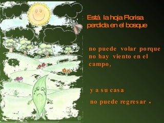 Está  la hoja Florisa perdida en el bosque y a su casa  no puede regresar   . no puede  volar  porque no hay  viento en el campo,  