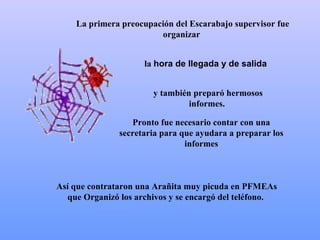 La primera preocupación del  Escarabajo  supervisor fue   organizar  Pronto fue necesario contar con  una  secretaria para que ayudara a preparar los informes y también preparó hermosos informes.  A sí que contrataron  una Arañita  muy picuda en PFMEAs que Organizó los archivos y se encargó del teléfono.  la  h ora de llegada y de salida 