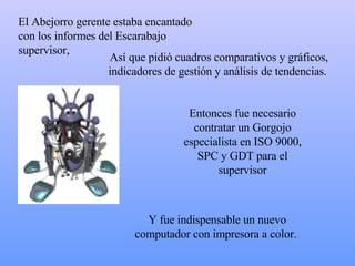 El  Abejorro  gerente estaba encantado con los informes del Escarabajo supervisor,  A sí que pidió cuadros comparativos y gráficos, indicadores de gestión y análisis de tendencias.  Entonces fue necesario contratar un Gorgojo especialista en ISO 9000, SPC y GDT para el supervisor Y  fue indispensable un nuevo computador con impresora a color.  