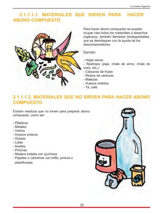 2.1.1.1.1. MATERIALES QUE SIRVEN PARA HACER
ABONO COMPUESTO
Para hacer abono compuesto se pueden
ocupar casi todos los materiales o desechos
orgánicos, también llamados biodegradables,
que se desintegran con la ayuda de los
descomponedores.
Ejemplo:
- Hojas secas
- Rastrojos (paja, chala de arroz, chala de
maíz, etc.)
- Cáscaras de frutas
- Restos de verduras
- Malezas
- Huesos molidos
- Té, café
2.1.1.1.2. MATERIALES QUE NO SIRVEN PARA HACER ABONO
COMPUESTO
Existen residuos que no sirven para preparar abono
compuesto, como ser:
- Plásticos
- Metales
- Vidrios
- Huesos enteros
- Grasas
- Latas
- Aceites
- Pinturas
- Madera tratada con químicos
- Papeles o cartulinas con brillo, pintura o
plastificadas
10
La Huerta Orgánica
 