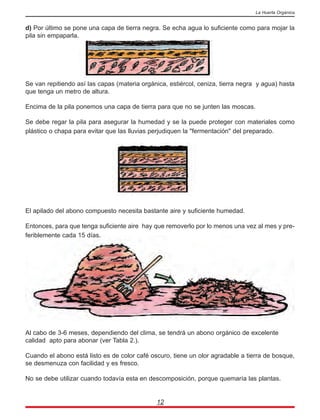 12
d) Por último se pone una capa de tierra negra. Se echa agua lo suficiente como para mojar la
pila sin empaparla.
Se van repitiendo así las capas (materia orgánica, estiércol, ceniza, tierra negra y agua) hasta
que tenga un metro de altura.
Encima de la pila ponemos una capa de tierra para que no se junten las moscas.
Se debe regar la pila para asegurar la humedad y se la puede proteger con materiales como
plástico o chapa para evitar que las lluvias perjudiquen la "fermentación" del preparado.
El apilado del abono compuesto necesita bastante aire y suficiente humedad.
Entonces, para que tenga suficiente aire hay que removerlo por lo menos una vez al mes y pre-
feriblemente cada 15 días.
Al cabo de 3-6 meses, dependiendo del clima, se tendrá un abono orgánico de excelente
calidad apto para abonar (ver Tabla 2.).
Cuando el abono está listo es de color café oscuro, tiene un olor agradable a tierra de bosque,
se desmenuza con facilidad y es fresco.
No se debe utilizar cuando todavía esta en descomposición, porque quemaría las plantas.
La Huerta Orgánica
 