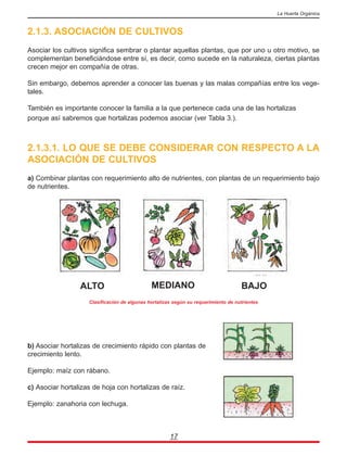 2.1.3. ASOCIACIÓN DE CULTIVOS
Asociar los cultivos significa sembrar o plantar aquellas plantas, que por uno u otro motivo, se
complementan beneficiándose entre sí, es decir, como sucede en la naturaleza, ciertas plantas
crecen mejor en compañía de otras.
Sin embargo, debemos aprender a conocer las buenas y las malas compañías entre los vege-
tales.
También es importante conocer la familia a la que pertenece cada una de las hortalizas
porque así sabremos que hortalizas podemos asociar (ver Tabla 3.).
2.1.3.1. LO QUE SE DEBE CONSIDERAR CON RESPECTO A LA
ASOCIACIÓN DE CULTIVOS
a) Combinar plantas con requerimiento alto de nutrientes, con plantas de un requerimiento bajo
de nutrientes.
Clasificación de algunas hortalizas según su requerimiento de nutrientes
b) Asociar hortalizas de crecimiento rápido con plantas de
crecimiento lento.
Ejemplo: maíz con rábano.
c) Asociar hortalizas de hoja con hortalizas de raíz.
Ejemplo: zanahoria con lechuga.
17
La Huerta Orgánica
ALTO MEDIANO BAJO
 