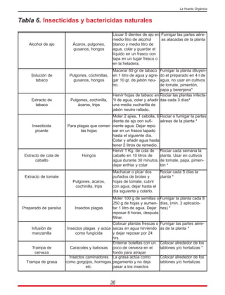 36
La Huerta Orgánica
Tabla 6. Insecticidas y bactericidas naturales
Alcohol de ajo Ácaros, pulgones,
gusanos, hongos
Licuar 5 dientes de ajo en
medio litro de alcohol
blanco y medio litro de
agua, colar y guardar el
líquido en un frasco con
tapa en un lugar fresco o
en la heladera.
Fumigar las partes aére-
as atacadas de la planta
Solución de
tabaco
Pulgones, cochinillas,
gusanos, hongos
Macerar 60 gr de tabaco
en 1 litro de agua y agre-
gar 10 gr. de jabón neu-
tro.
Fumigar la planta diluyen-
do el preparado en 4 l de
agua, no usar en cultivos
de tomate, pimentón,
papa y berenjena*
Extracto de
tabaco
Pulgones, cochinilla,
ácaros, trips
Hervir hojas de tabaco en
1l de agua, colar y añadir
una media cucharilla de
jabón neutro rallado.
Rociar las plantas infecta-
das cada 3 días*
Insecticida
picante
Para plagas que comen
las hojas
Moler 2 ajíes, 1 cebolla, 6
diente de ajo con sufi-
ciente agua. Dejar repo-
sar en un frasco tapado
hasta el siguiente día.
Colar y añadir agua hasta
tener 2 litros de remedio.
Rociar o fumigar la partes
aéreas de la planta *
Extracto de cola de
caballo
Hongos
Hervir 1 Kg. de cola de
caballo en 10 litros de
agua durante 30 minutos,
dejar enfriar y colar
Rociar cada semana la
planta. Usar en cultivos
de tomate, papa, pimen-
tón *
Extracto de tomate
Pulgones, ácaros,
cochinilla, trips
Machacar o picar dos
puñados de brotes y
hojas de tomate, cubrir
con agua, dejar hasta el
día siguiente y colarlo.
Rociar cada 5 días la
planta *
Preparado de paraíso Insectos plagas
Moler 100 g de semillas o
250 g de hojas y aumen-
tar 1 litro de agua. Dejar
reposar 8 horas, después
filtrar.
Fumigar la planta cada 8
días, (min. 3 aplicacio-
nes) *
Infusión de
manzanilla
Insectos plagas y actúa
como fungicida
Colocar plantas frescas o
secas en agua hirviendo
y dejar reposar por 24
hrs.
Fumigar las partes aére-
as de la planta *
Trampa de
cerveza
Caracoles y babosas
Enterrar botellas con un
poco de cerveza en el
fondo para atrapar
Colocar alrededor de los
tablones y/o hortalizas *
Trampa de grasa
Insectos caminadores
como gorgojos, hormigas,
etc.
La grasa actúa como
pegamento y no deja
pasar a los insectos
Colocar alrededor de los
tablones y/o hortalizas
 